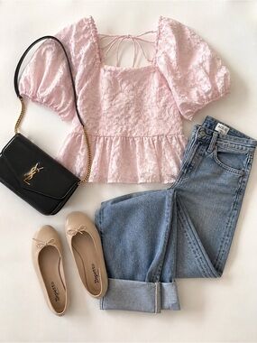 Moon River Pink Lace Puff-Sleeve Peplum Top